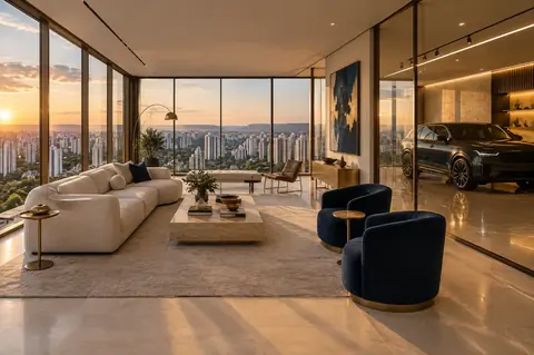 Sala do apartamento com a garagem de vidro ao lado