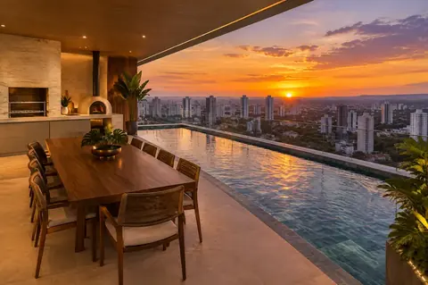 Varanda com piscina ao pôr do sol